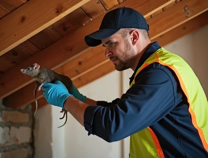 Technician inspecting a roof cavity for a dead rat in Glengala
